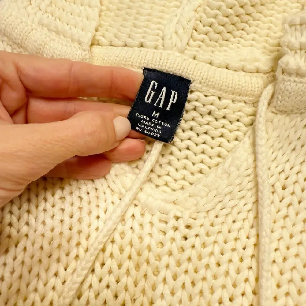 Vintage Y2K GAP Ivory Cotton Fisherman Sweater M Hooded Cable Knit Bell Sleeve